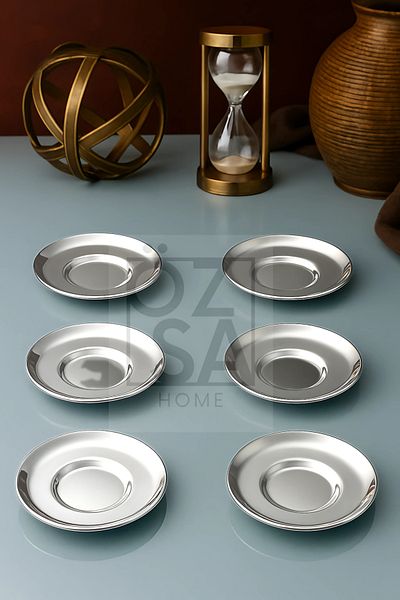 ÖzSa Home Rio Silver 6-Piece Steel Tea Plate 18/10 Silver Compatible with All Tea Cups