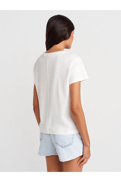 Dilvin 31757 Crew Neck Stitching Detailed T-Shirt-Ecru