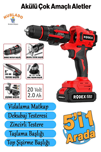 Rodex Değiştirilebilir Başlıklı Akülü 5'li Set 20 V 2.0 Ah Taşlama Matkap Dekubaj Testere Pala Top Şişirme