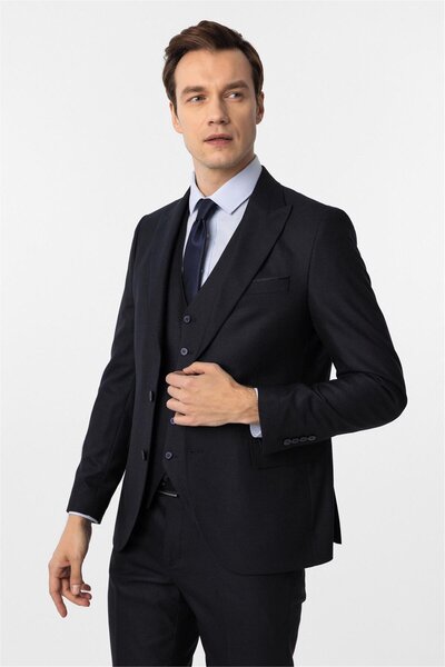 SÜVARİ Lacivert Slim Fit Desenli Sivri Yaka 6 Drop Yelekli Klasik Takım Elbise