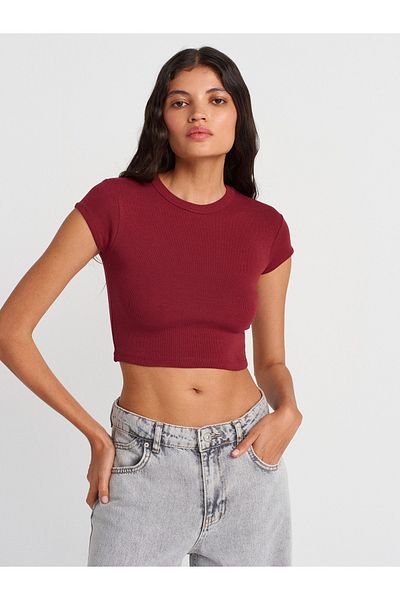 Dilvin 31810 Crew Neck Crop T-Shirt-Light Claret Red