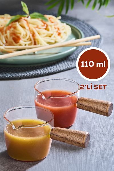 Vienev Set of 2 Large Size Glass Sauce Bowl with Wooden Handle 110 ml