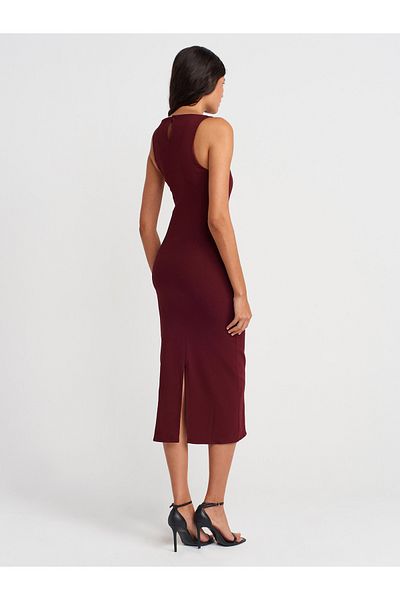 Dilvin 91099 Fitted Midi Dress-Burgundy