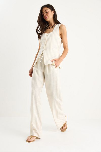 Bianco Lucci Women's Square Collar Vest with Wide Pants Thick Striped Linen Bottom-Top Suit 9341 60281053