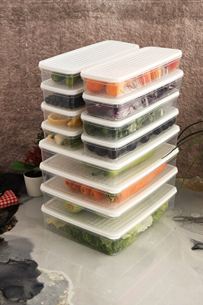 Leila 12 Pcs White Lid Storage Container, Refrigerator Organizer Microwave and Freeze Suitable 18Lt