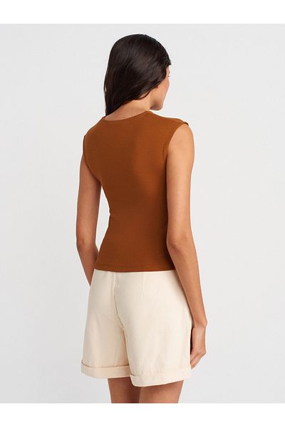 Dilvin 21054 Shirred Basic T-Shirt-Red Tile