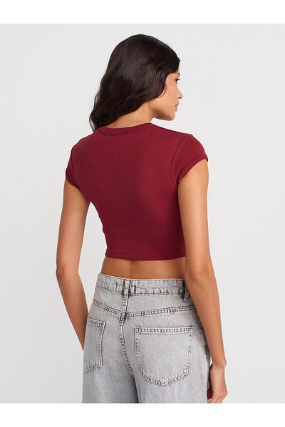 Dilvin 31810 Crew Neck Crop T-Shirt-Light Claret Red