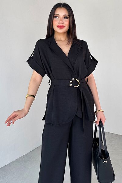 Cappmoda TKM-13293 Μαύρο πέτο με μανίκια με κουμπιά Λεπτομερές πουκάμισο Μπουφάν & φαρδύ παντελόνι Σετ δύο τεμαχίων