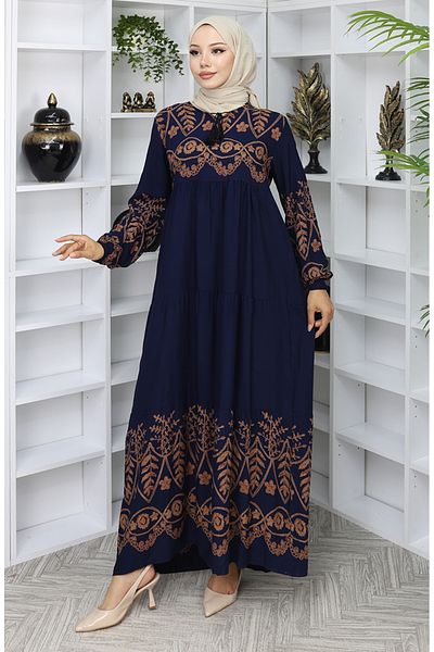 sefamerve Φόρεμα βισκόζης με σχέδιο 4076-01 Navy Blue
