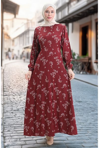 sefamerve Φόρεμα με σχέδιο με ελαστικό μανίκι 2047-05 Claret Red