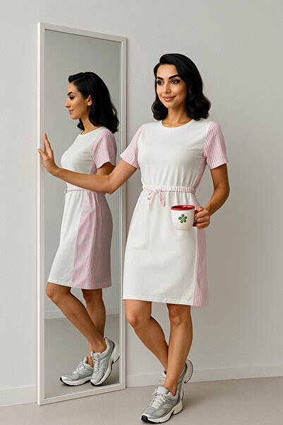 orjinal blue b Καλοκαιρινό φόρεμα με ριγέ γαρνιρισμένο ελαστικό μέσης – Κομψό άνετο casual μοντέλο