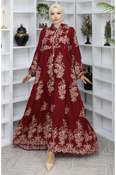sefamerve Rochie cu jumătate de nasturi din țesătură viscoză 2044-04 Roșu Claret