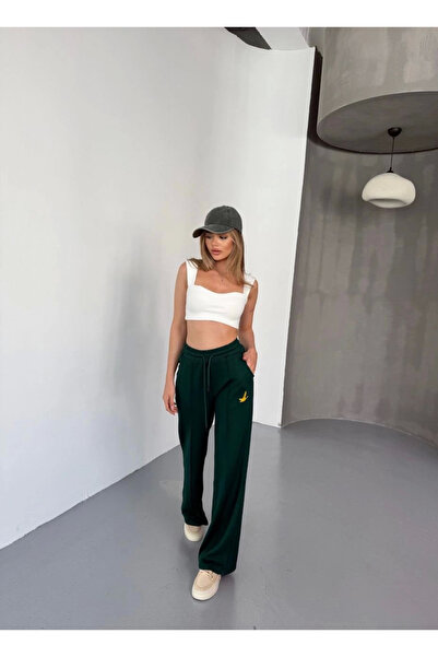 velmorafashion Velmora Premium Osy Modal Soft Textured Fabric Embroidered Comfortable Wide Leg Sweatpants Pantalon - Green