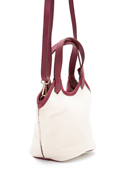 minebag Linen Leather Detailed Women's Cross Bucket Bag Ryan Burgundy