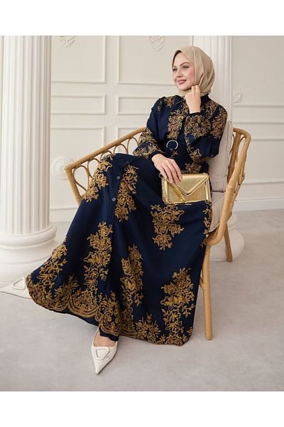 PİNK FLY Rochie din viscoză albastru închis cu model auriu