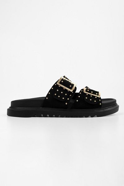 Shoeberry Women's Maren Black Suede Belt Buckle Slippers