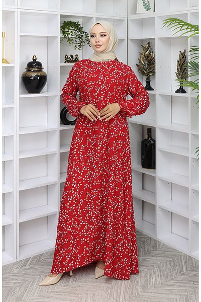 sefamerve Viscose Fabric Patterned Dress 0055-04 Red