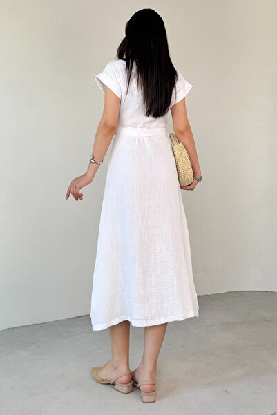 Cappmoda Elb-01785 White Belted Openwork Detailed Shirt Collar Buttoned Summer Dress