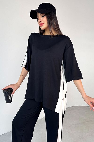 Cappmoda TKM-13298 Μαύρο Modal Υφασμάτινο Color Block Oversize Μπλούζα & Loose Παντελόνι Σετ δύο τεμαχίων