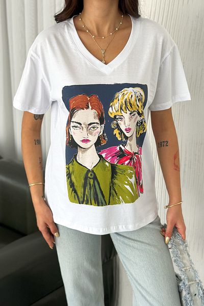 FEMELLE Tricou de damă cu decolteu în V imprimat 100% bumbac