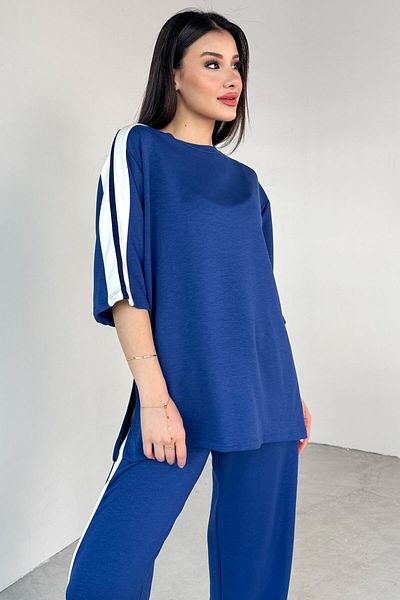 Cappmoda TKM-13298 Navy Blue Modal Fabric Color Block Oversize Μπλούζα & Φαρδύ παντελόνι Σετ δύο τεμαχίων