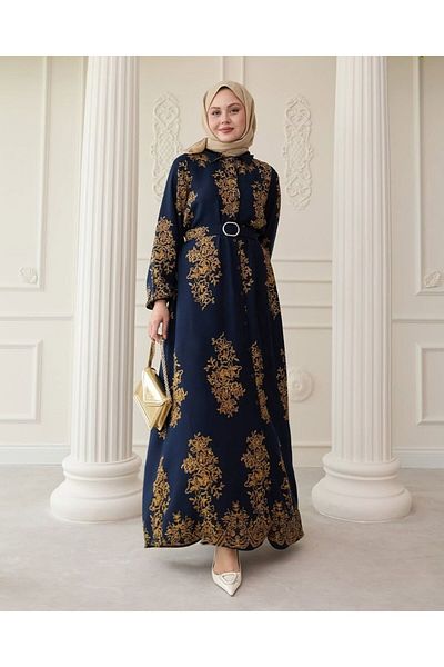 PİNK FLY Rochie din viscoză albastru închis cu model auriu