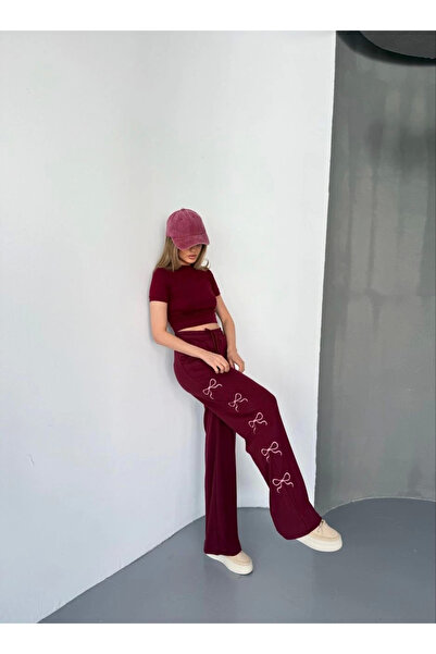 velmorafashion Velmora Osy Modal Soft Textured Fabric Embroidered Comfortable Wide Leg Sweatpants - Burgundy -