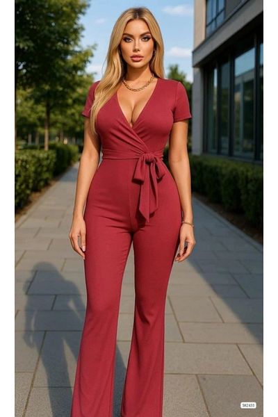 NOSTALJİX Women's Double Breasted Lapel Short Sleeve Belted Jumpsuit