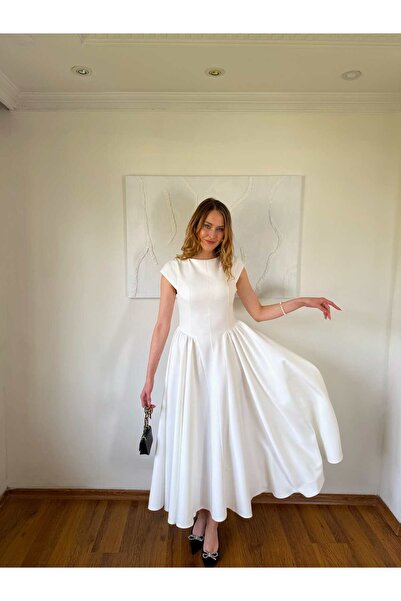 monanora Kısa Kol Belden Oturtmalı Yırtı Açık Uzun Elbise