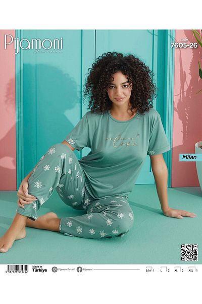 Pijamoni Σετ γυναικείες πιτζάμες με κοντό μανίκι Bamboo Milan Fabric Green Color Crew Neck
