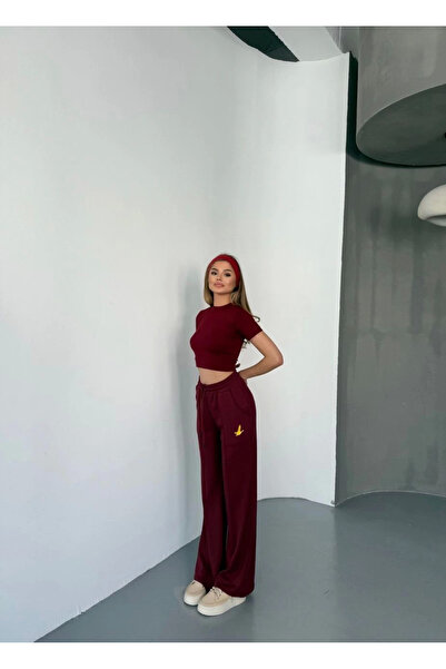 velmorafashion Velmora Osy Modal Soft Textured Fabric Embroidered Comfortable Wide Leg Sweatpants - Burgundy -