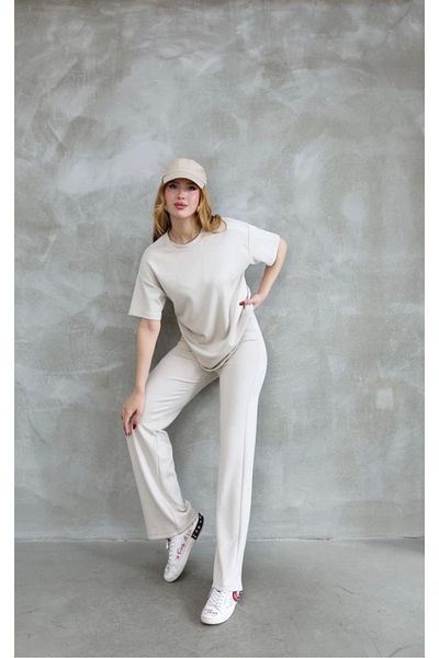 Kadınle Osy Modal Soft Textured Fabric Crew Neck Stone Detailed Short Sleeve Set - Off White