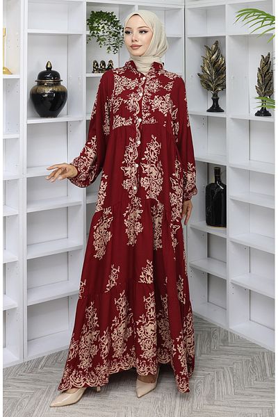 sefamerve Rochie cu jumătate de nasturi din țesătură viscoză 2044-04 Roșu Claret
