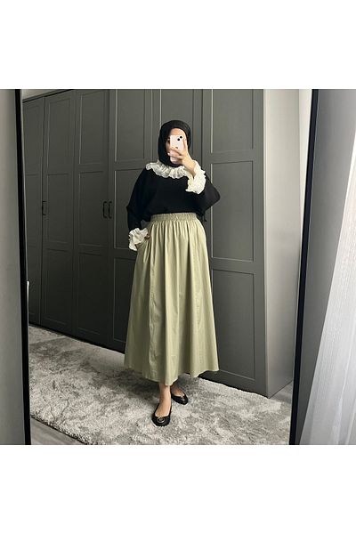 MY QILAM NUMĂRUL 10 MODĂ FEMEI VERDE MINT FUSTA POPLIN evazată cu buzunare cu talie elastică 10NMR180