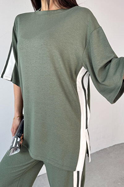 Cappmoda Tkm-13298 Khaki Modal Fabric Color Blocked Oversize Top & Loose Trousers Set of Two