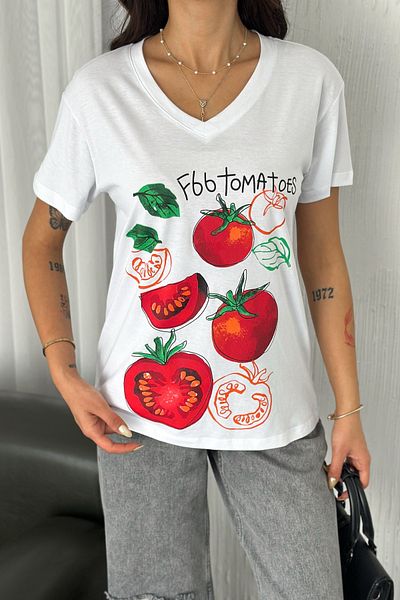 FEMELLE Tricou de damă, 100% bumbac, cu decolteu în V, cu imprimeu roșii albe