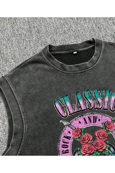 Touz Moda Ροκ εν ρολ αμάνικο μπλουζάκι με λαιμόκοψη που πλένεται Vintage Unisex Oversize T-shirt