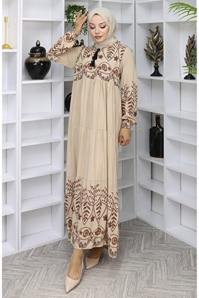 sefamerve Desenli Viskon Elbise 4076-06 Vizon