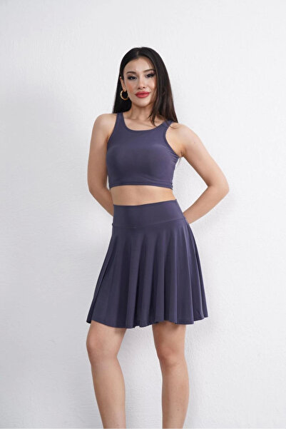 velmorafashion -Velmora Sendy Fabric Crew Neck Crop Shorts Skirt Two-Piece Set - Anthracite -Vlmr