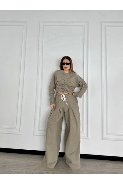Kadınle Long Sleeve Front Drawstring Crop and Trousers Double Set - Khaki