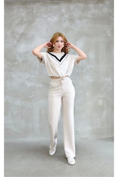 Kadınle Osy Modal Soft Textured Fabric Crew Neck Short Sleeve Set with Patchwork Detail - White