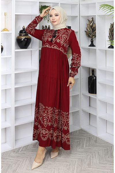 sefamerve Φόρεμα βισκόζης με σχέδιο 4076-05 Claret Red