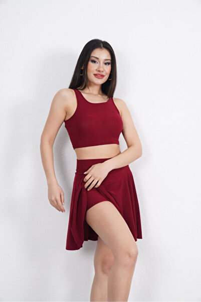 velmorafashion Velmora Sendy Fabric Crew Neck Crop Skirt with Shorts Two-Piece Set - Burgundy -