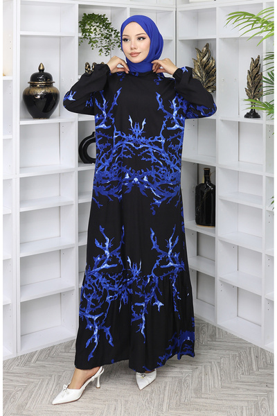 sefamerve Viskon Kumaş Desenli Elbise 2040-02 Siyah Saks