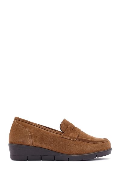 Derimod Women's Tan Wedge Heeled Suede Leather Comfort Loafer 24Wfd 236910