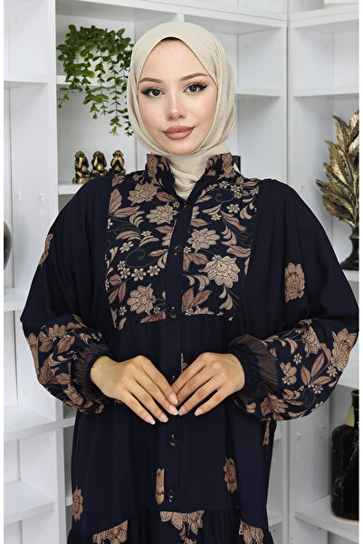 sefamerve Viscose Fabric Patterned Dress 2045-04 Navy Blue