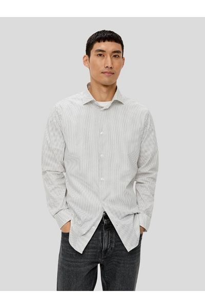 s.Oliver Men's Long-sleeved Shirt, Polka Dot Print, Slim Fit, White