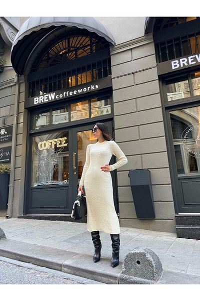 Kadınle Crew Neck Ribbed Long Dress - White