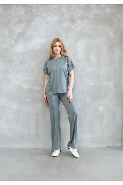 Kadınle Osy Modal Soft Textured Fabric Crew Neck Short Sleeve Set - Mint Green
