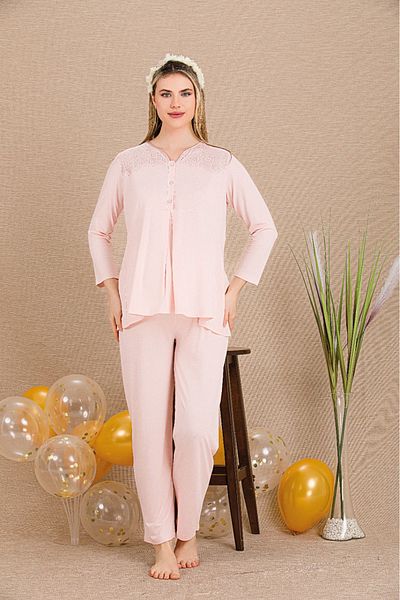 Lady Lingerie Short Dress, Button Collar, Long Sleeve Maternity-Pregnant Pajama Set, Set of 3